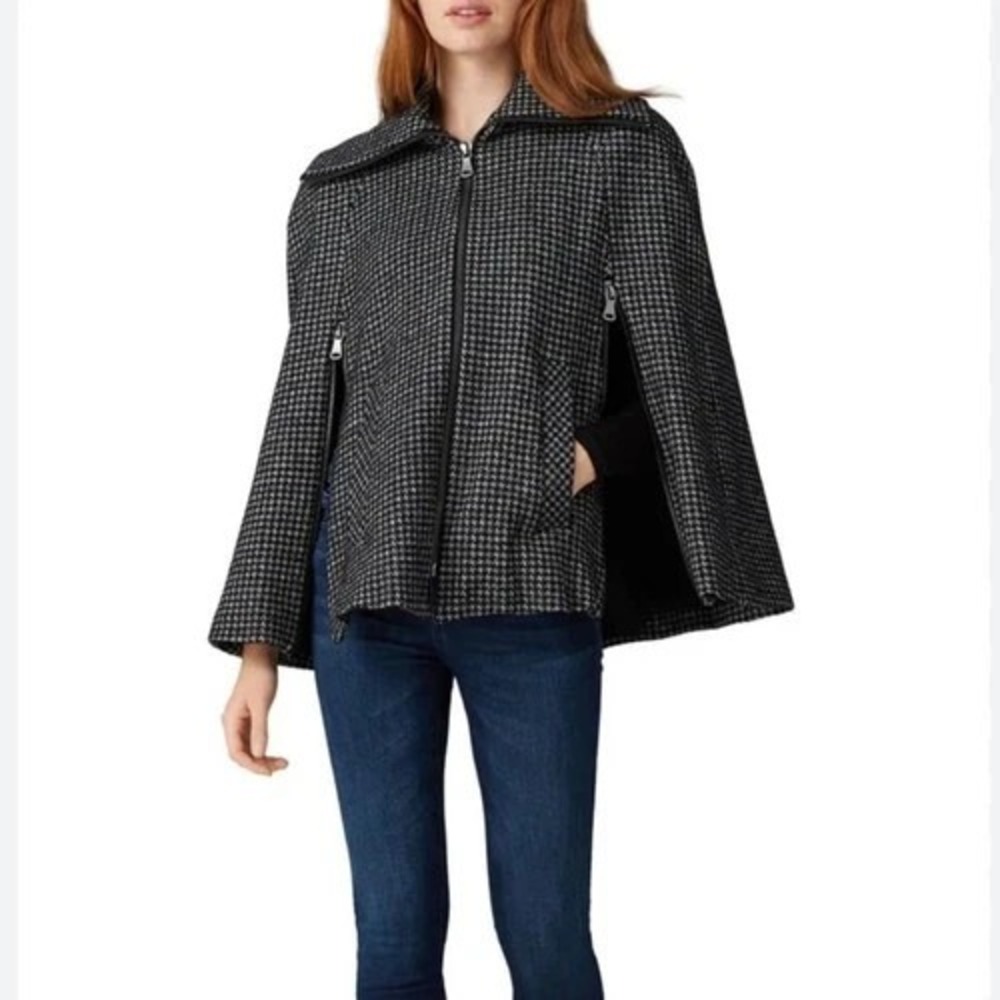 Nanette Lepore Cape Womens 4 Wool Blend Black Gray Houndstooth Front Zip Pockets